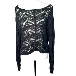 ALLEN B SCHWARTZ Womens Medium Black Crochet Open Knit Pullover Sweater Cover Up